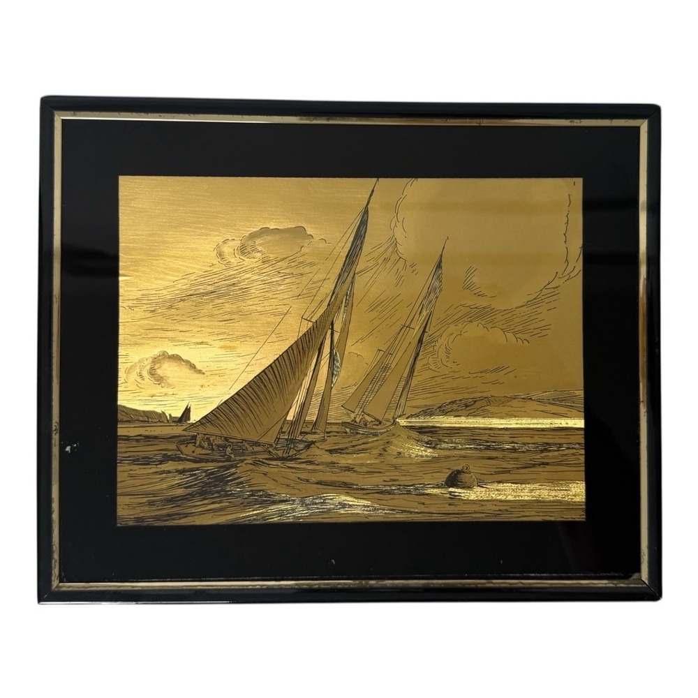 F.J. Warren Dufex Gold Foil Art Etched Print Sailboats Nautical Framed England